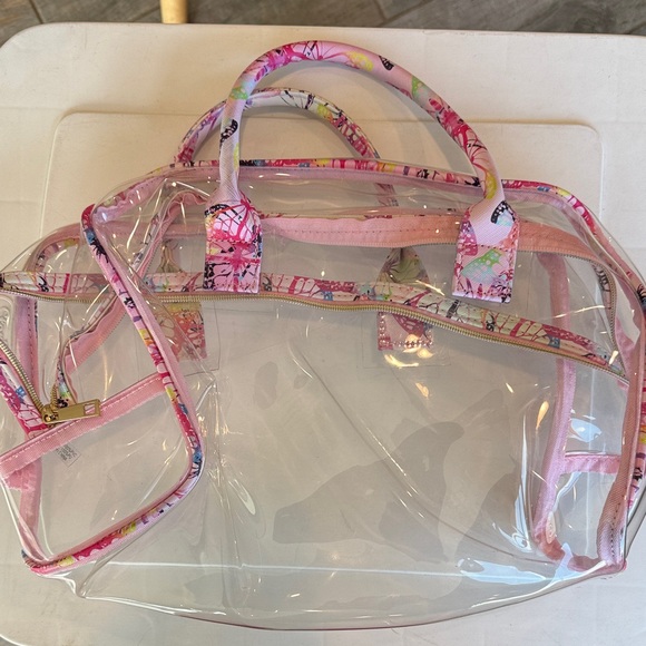 Handbags - Clear Pink Trim Tote Bag with Floral Accents